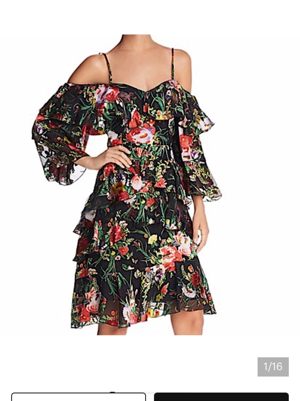 Alice + Olivia Black Floral One-Shoulder Ruffle Midi Dress